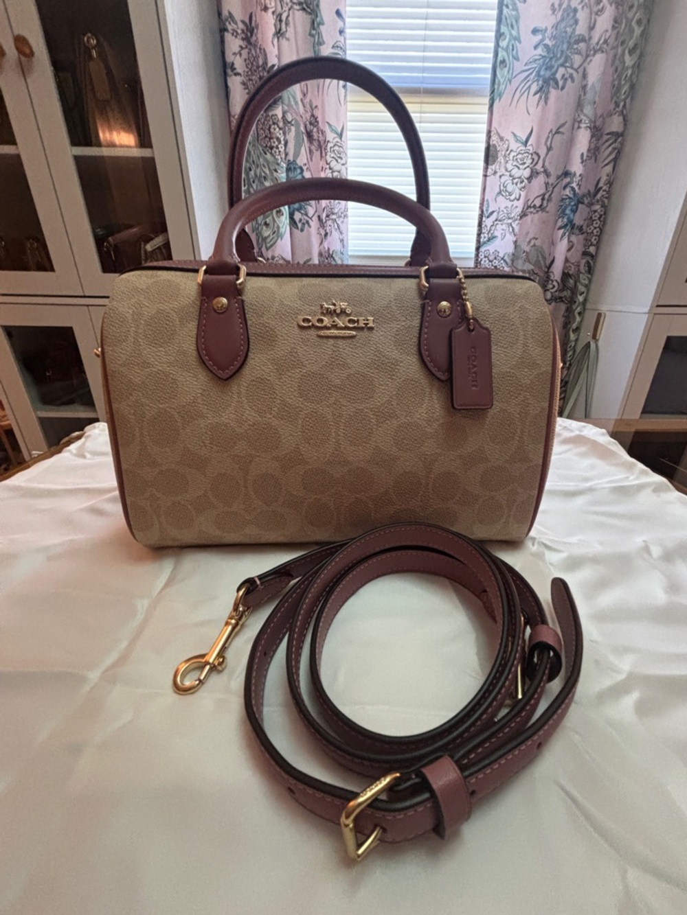 NWT Coach Rowan satchel bag in signature sand canvas w/peony accents